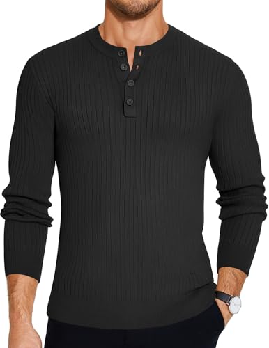 COOFANDY Henley Pullover Herren Strickpullover mit Rundhals Knopfleiste Langarmshirt Feinstrick Regular Fit Schwarz M von COOFANDY