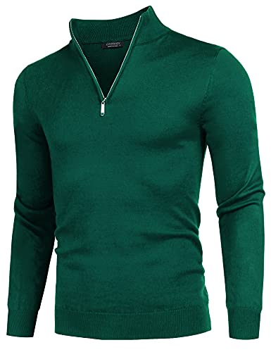 COOFANDY Herren Pullover Zip Neck stehkragenpullover Strick Polo Pullover Langarmshirt Lässiger Strickpullover Männer Pulli Turtleneckpullover Warm Winterpullover Dunkelgrün S von COOFANDY