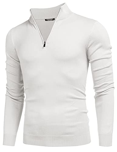 COOFANDY Herren Pullover Zip Neck stehkragenpullover Strick Polo Pullover Langarmshirt Lässiger Strickpullover Männer Pulli Turtleneckpullover Warm Winterpullover Weiß XL von COOFANDY