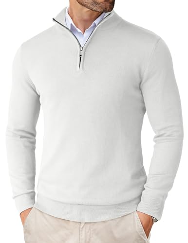COOFANDY Herren Pullover Half Zip Herren Troyer mit Reißverschluss Stehkragen Pullover Arbeitspullover Slim Fit Weiß XXL von COOFANDY