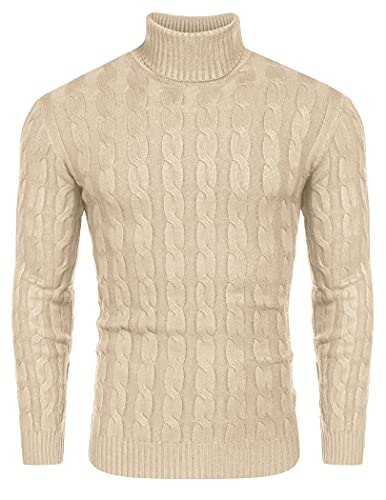 COOFANDY Herren Pullover Zopfmuster Strickpullover Langarmshirt Rollkragenpullover Männer Stehkragen Slim Fit Shirt Sweater Khaki XL von COOFANDY