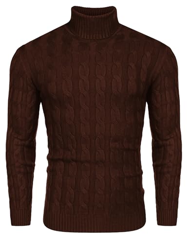COOFANDY Herren Pullover Zopfmutser Rollkragenpullover Männer Strickpullover Feinstrick Herrenpullover Sweatshirt Pulli Rot L von COOFANDY