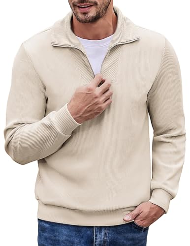 COOFANDY Herren Pullover mit Half Reißverschluß Pulli Langarm Business Troyer Beige XL von COOFANDY