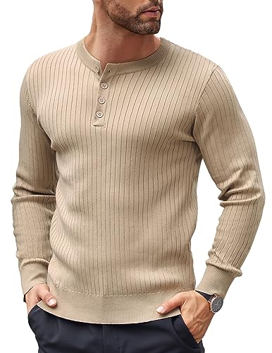 COOFANDY Herren Pullover mit Knopfleiste Henley Strickpullover Leichter Herren Pullover Männer Pulli Regular Fit Khaki L von COOFANDY