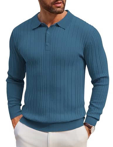 COOFANDY Herren Pullover mit Polokragen Feinstrick Winterpullover Einfarbig Poloshirt Strick Schmale Streifen Langarmshirt Blau S von COOFANDY