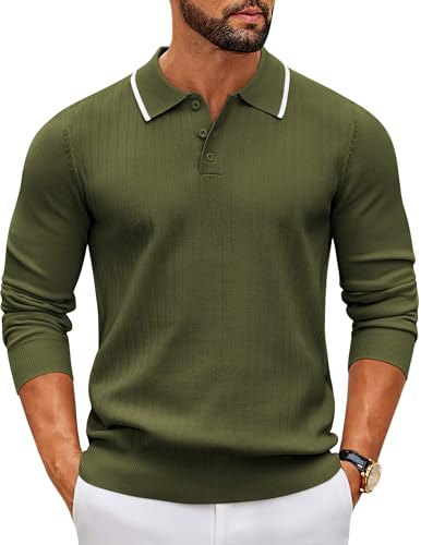 COOFANDY Herren Pullover mit Polokragen Langarm Feinstrick Knopfleiste Freizeit Basic Regular Fit Poloshirt Männer Armee Grün M von COOFANDY