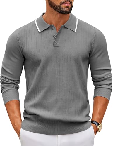 COOFANDY Herren Pullover mit Polokragen Langarm Feinstrick Knopfleiste Freizeit Basic Regular Fit Poloshirt Männer Dunkel Grau 3XL von COOFANDY