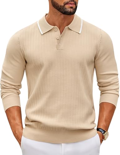 COOFANDY Herren Pullover mit Polokragen Langarm Feinstrick Knopfleiste Freizeit Basic Regular Fit Poloshirt Männer Hell Beige L von COOFANDY