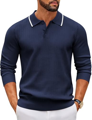 COOFANDY Herren Pullover mit Polokragen Langarm Feinstrick Knopfleiste Freizeit Basic Regular Fit Poloshirt Männer Marine Blau XXL von COOFANDY