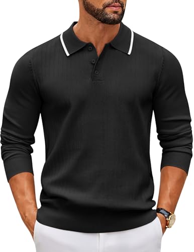 COOFANDY Herren Pullover mit Polokragen Langarm Feinstrick Knopfleiste Freizeit Basic Regular Fit Poloshirt Männer Schwarz M von COOFANDY