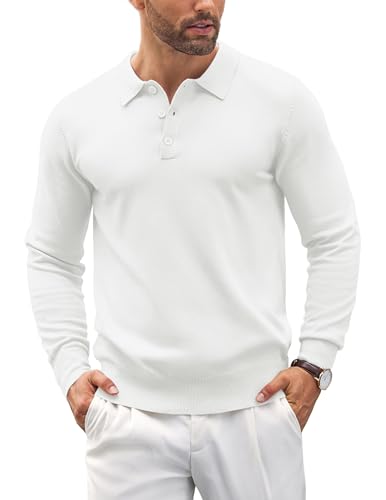 COOFANDY Herren Pullover mit Polokragen Poloshirts Langarm Strickpullover Polo Pullover Männer Feinstrickpullover Winterpullover Pulli mit Knopf Weiß 3XL von COOFANDY