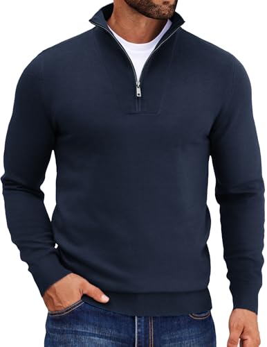 COOFANDY Herren Pullover mit Reißverschluss Half Zip Strickpullover Stehkragen Troyer Elegant Winterpullover Marineblau XXL von COOFANDY