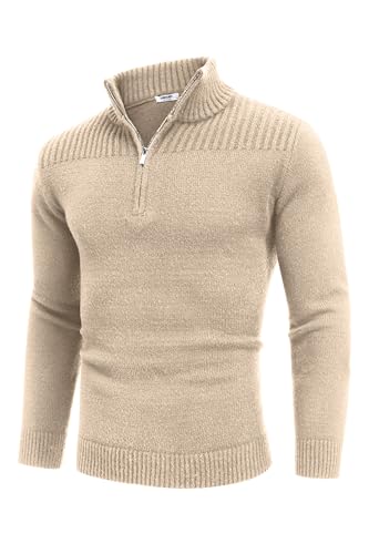 COOFANDY Herren Pullover mit Reißverschluss Langarm 1/2 Zip Strickpullover mit Stehkragen Freizeit Rollkragenpullover Basic Sweater für Männer Khaki XXL von COOFANDY