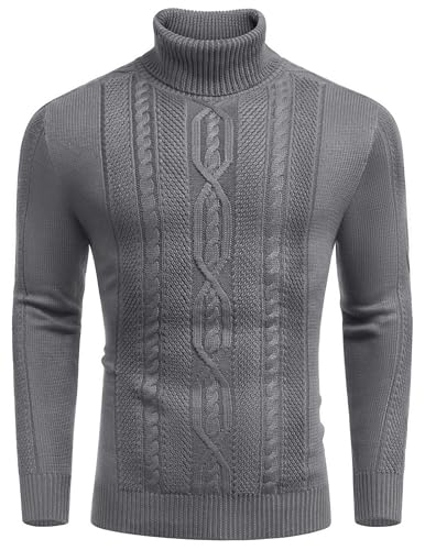 COOFANDY Herren Pullover mit Rollkragen Langarm Zopfmuster Strickpullover Warm Basic Turtleneck Pulli Shirt Einfarbig Grau M von COOFANDY