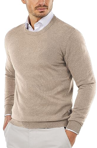 COOFANDY Herren Pullover mit Rundhals-Ausschnitt aus Baumwolle Langarmshirt Slim Fit Strickpullover Leichte Crewneck Sweater Kamel L von COOFANDY