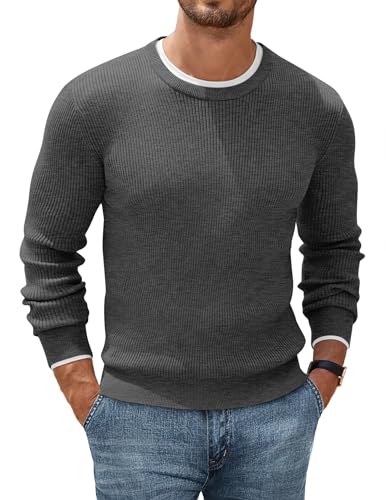 COOFANDY Herren Pullover mit Rundhals Business Strickpullover Feinstrick Herbst Pullover Ribbed Sweater Einfarbig Sweatshirt Pulli Dunkelgrau M von COOFANDY