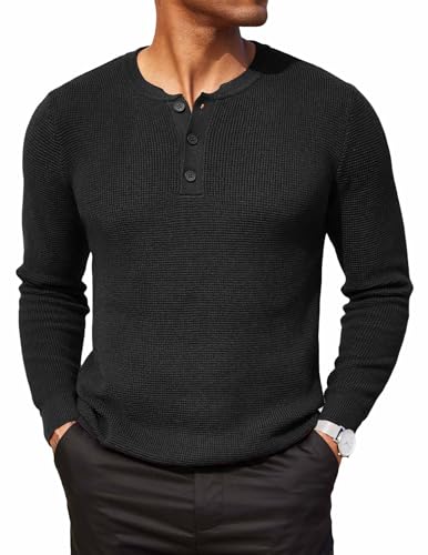 COOFANDY Herren Henley Pullover Strickpullover Winterpullover mit Knöpfe Sweater Grobstrickpullover Waffel Pulli Schwarz S von COOFANDY