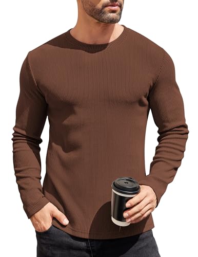 COOFANDY Herren Pullover mit Rundhals Langarm Slim Fit Casual Leicht Männer Feinstrickpullover Braun S von COOFANDY