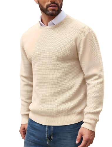 COOFANDY Herren Pullover mit Rundhals Langarm Winter Waffel Strickpullover Modern Strick Pullover Beige XXL von COOFANDY