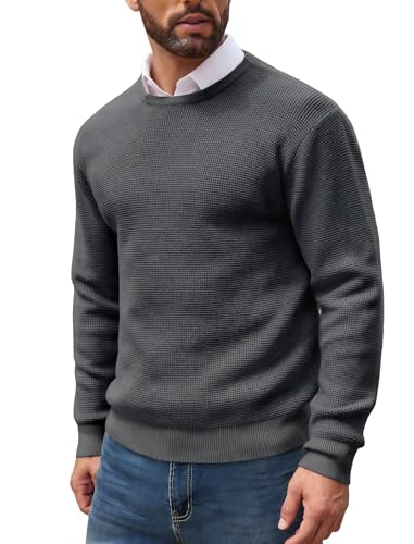COOFANDY Herren Pullover mit Rundhals Langarm Winter Waffel Strickpullover Modern Strick Pullover Dunkelgrau XL von COOFANDY