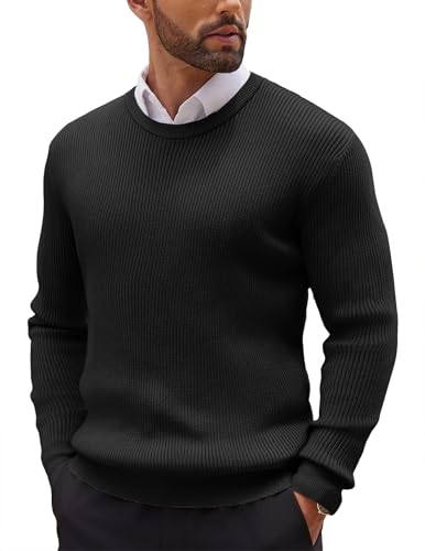 COOFANDY Herren Pullover mit Rundhals Strickpullover Basic Feinstrick Sweater Business Pullover Ribbed Winterpullover Pulli Einfarbig Schwarz XXL von COOFANDY