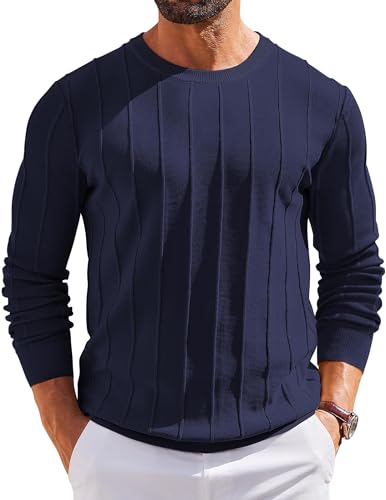 COOFANDY Herren Pullover mit Rundhals Strickpullover Herrenpullover Casual Pulli Langarmshirt Sweater Marine Blau S von COOFANDY