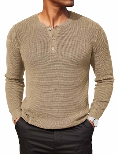 COOFANDY Herren Henley Pullover Strickpullover Winterpullover mit Knöpfe Sweater Grobstrickpullover Waffel Pulli Khaki L von COOFANDY