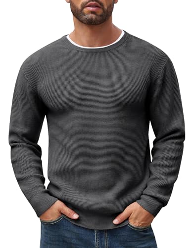 COOFANDY Herren-Pullover mit Rundhalsausschnitt, Waffelstruktur, weich, mittelschwer, Strickpullover, grau dunkel, Klein von COOFANDY