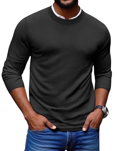 COOFANDY Herren-Pullover mit Rundhalsausschnitt, schmale Passform, langärmelig, Strickpullover, leichtes Kleid, lässiger Rundhalsausschnitt, Schwarz, Mittel von COOFANDY