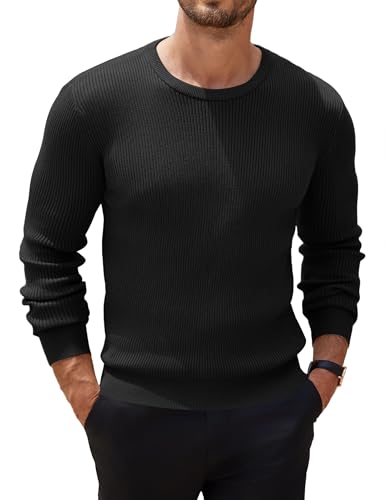 COOFANDY Herren Pullover mit Rundhalsausschnitt Basic Strickpullover Feinstrick Pullover Einfarbig Sweater Winterpullover Pulli Schwarz 3XL von COOFANDY