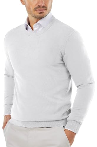 COOFANDY Herren Pullover mit Rundhalsausschnitt Baumwolle Strickpullover Herren Slim Fit Pulli Business Winterpullover Sweater Weiß L von COOFANDY