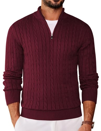 COOFANDY Herren Pullover mit Rundhalsausschnitt Knitted Stehkragen Langarmpullover Zopfmuster Pullover Weinrot XXL von COOFANDY