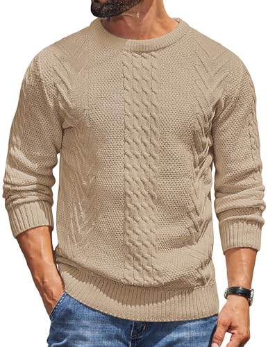 COOFANDY Herren Pullover Rundhals Basic Strickpullover mit Rundhalsausschnitt Warm Pulli Zopfmuster Winterpullover Khaki XXL von COOFANDY