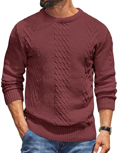 COOFANDY Herren Pullover Rundhals Basic Strickpullover mit Rundhalsausschnitt Warm Pulli Zopfmuster Winterpullover Weinrot 3XL von COOFANDY