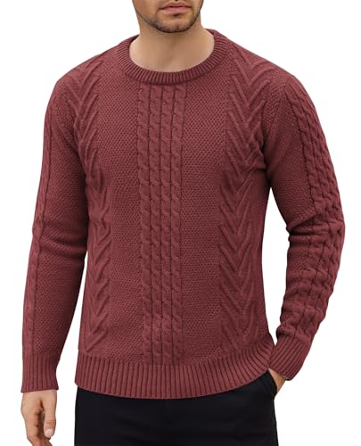 COOFANDY Herren Pullover Rundhals Basic Strickpullover mit Rundhalsausschnitt Warm Pulli Zopfmuster Winterpullover Weinrot XXL von COOFANDY