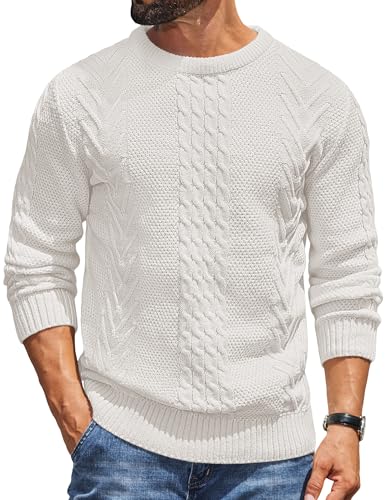 COOFANDY Herren Pullover Rundhals Winterpullover Basic Strickpullover mit Rundhalsausschnitt Pulli Männer Weiß XL von COOFANDY