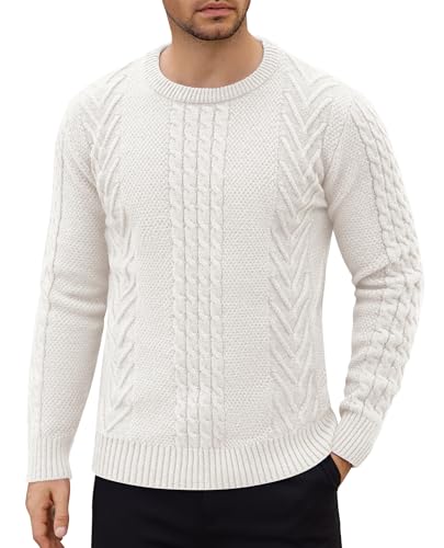 COOFANDY Herren Pullover Rundhals Basic Strickpullover mit Rundhalsausschnitt Warm Pulli Zopfmuster Winterpullover Weiß XXL von COOFANDY