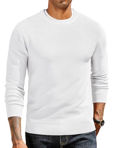 COOFANDY Herren Pullover mit Rundhalsausschnitt Strickpullover Feinstrick Winterpullover Männer Pullover Rundhals Klassisch Langarm Herrenpullover Crewneck Sweater Weiß M von COOFANDY