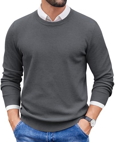 COOFANDY Herren Pullover mit Rundhalsausschnitt Strickpullover Langarm Herrenpullover Rundhals Winterpullover Knitted Pulli Männer Dunkelgrau 3XL von COOFANDY