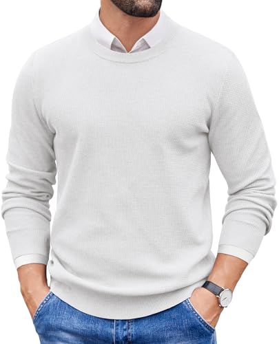COOFANDY Herren Pullover mit Rundhalsausschnitt Strickpullover Langarm Herrenpullover Rundhals Winterpullover Knitted Pulli Männer Weiß S von COOFANDY