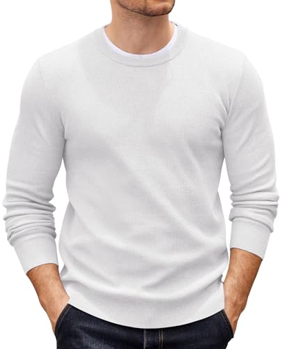 COOFANDY Herren Pullover mit Rundhalsausschnitt Strickpullover Langarm Herrenpullover Rundhals Winterpullover Knitted Pulli Männer Weiß XL von COOFANDY