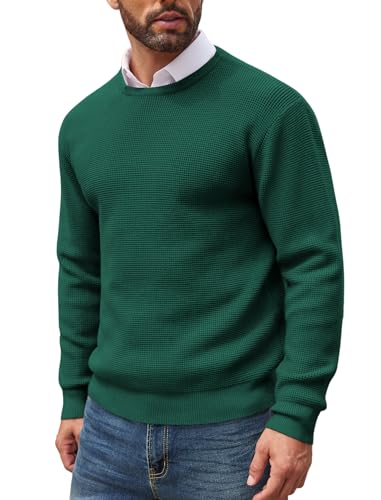 COOFANDY Herren Pullover mit Rundhalsausschnitt Waffle Strickpullover Basic Winter Feinstrick Männer Pulli Sweater Grün L von COOFANDY