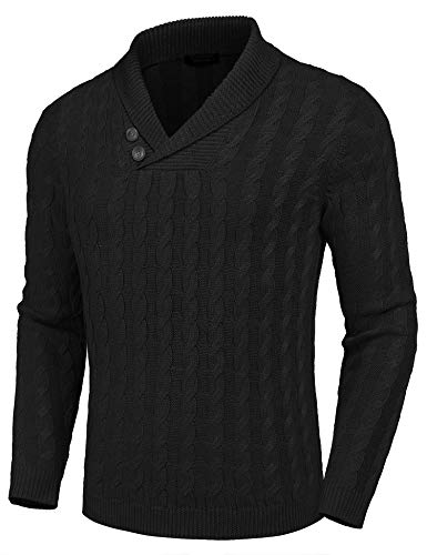 COOFANDY Herren Pullover mit Schalkragen, schmale Passform, lässiger Knopf, Zopfmuster, Schwarz, L von COOFANDY