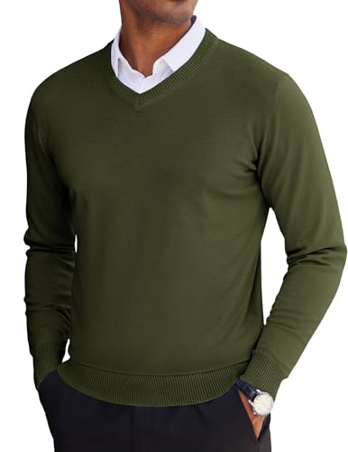 COOFANDY Herren Pullover mit V-Ausschnitt, leichter Strickpullover, Grün (Army Green), X-Groß von COOFANDY