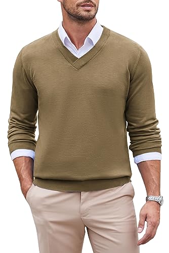 COOFANDY Herren Pullover mit V-Ausschnitt Longsleeve Strickpullover Feinstrick Slim Fit Casual Business Pullover Winter Sweater Lässig und Bequem Kamel S von COOFANDY