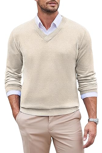 COOFANDY Herren Strickpullover Pullover mit V Ausschnitt Langarm Regular Fit Feinstrick Casual Business Pullover Winter Sweater Einfarbig Basic Khaki M von COOFANDY