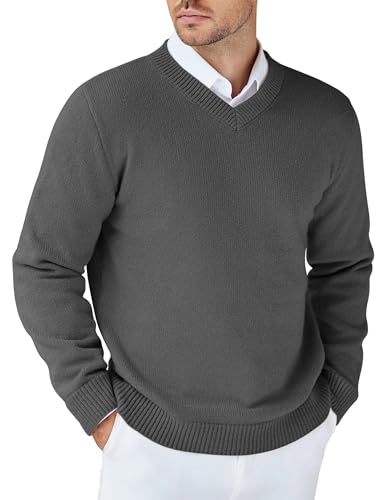 COOFANDY Herren Pullover mit V-Ausschnitt Strickpullover Winterpullover Grobstrickpullover Feinstrick Sweater Dunkelgrau 3XL von COOFANDY