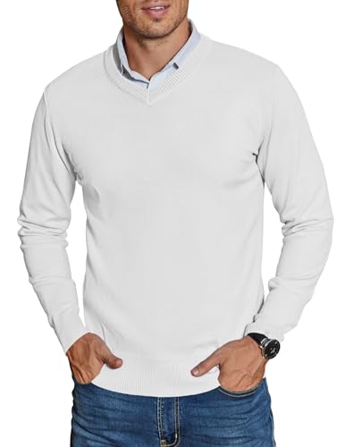 COOFANDY Herren Pullover mit V-Ausschnitt Strickpullover Herbst Pullover Dünner Herrenpullover Langarm V Neck Sweater Weiß M von COOFANDY