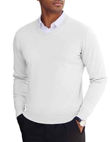 COOFANDY Herren Pullover mit V-Ausschnitt Strickpullover Herbst Pullover Dünner Herrenpullover Langarm V Neck Sweater Weiß S von COOFANDY