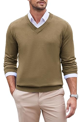 COOFANDY Herren Pullover mit V Ausschnitt Strickpullover Langarm Regular Fit Feinstrick Pullover Casual Business Pullover Winter Sweater Einfarbig Basic Kamel XXL von COOFANDY